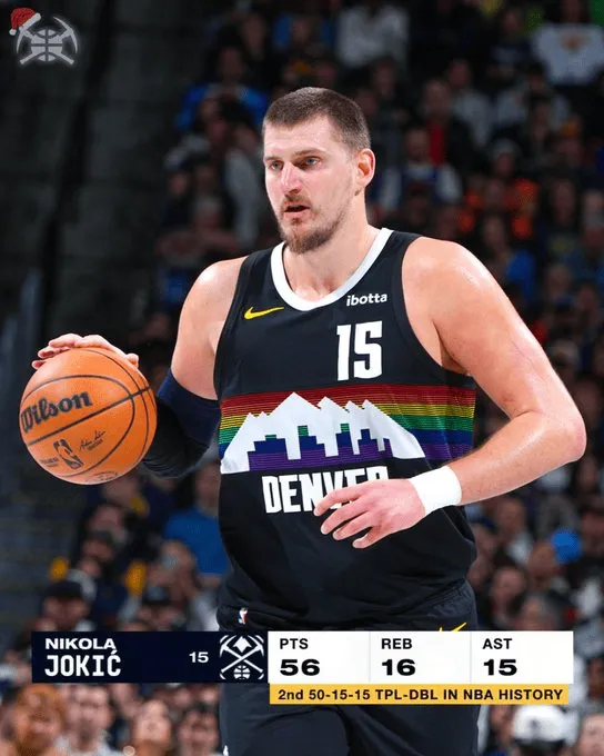 YY易游体育：流言板]掘金：约基奇是历史上第二位砍下50+15+15的球员！